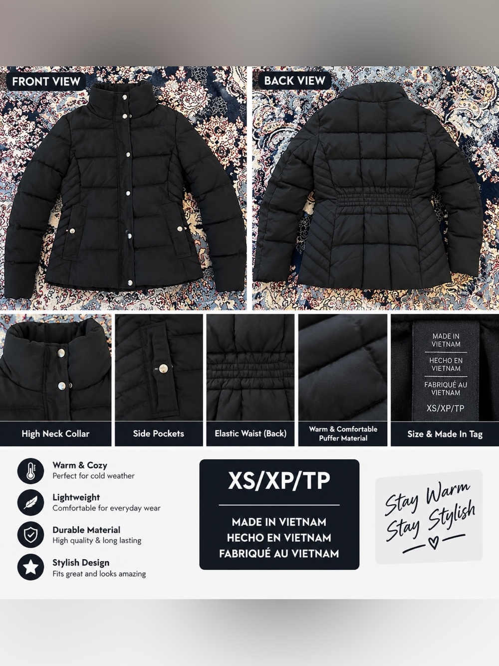 Women's Black Puffer Jacket with Elastic Waist - XS